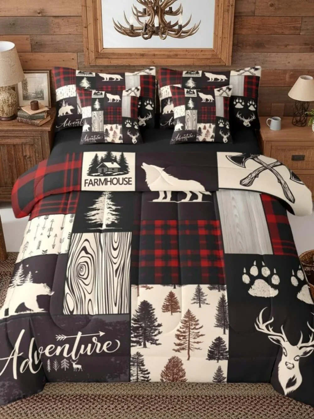 Retro Cabin Lodge Bed In A Bag Queen Wolf Plaid Patchwork Comforter Set With She